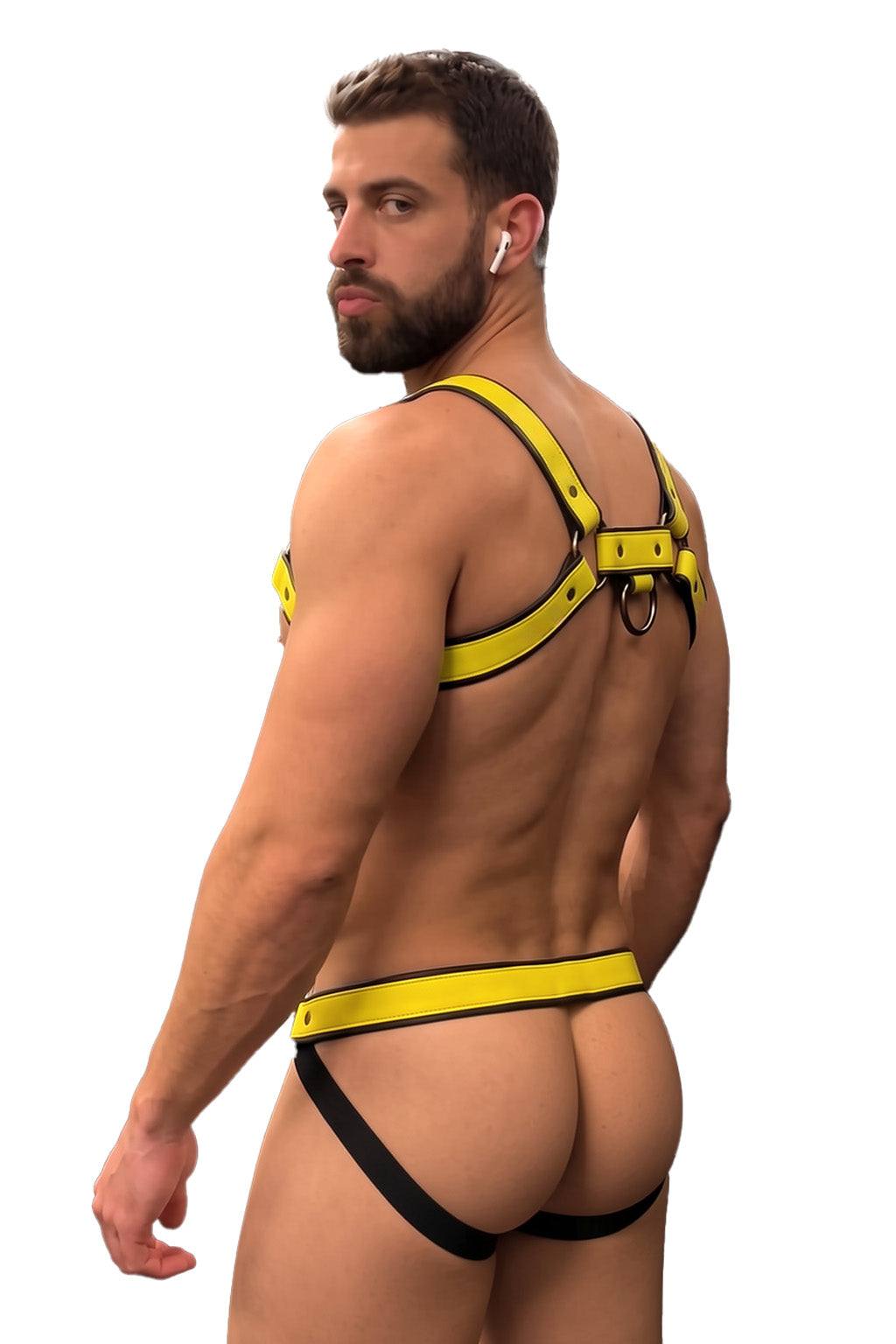 Joyglove Yellow PU Leather Harness Jockstrap Set, O-Ring Back Detail & Metal Rings