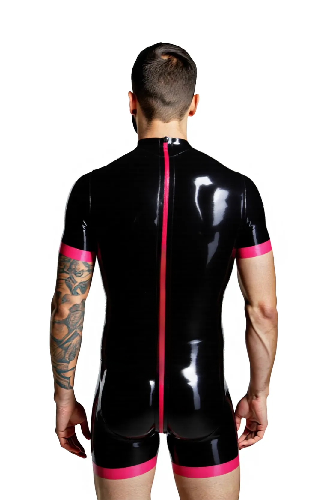 Joyglove Men's PU Leather Short Catsuit – Glossy Black with Hot Pink Edges
