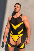 Joyglove Mesh & Gloss PU Leather Singlet, Yellow Chevron Panels with Open-Seat Cutout