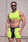 Joyglove Neon Mesh Crop Top & Jock Shorts Set, PU Leather Front Pouch Panel