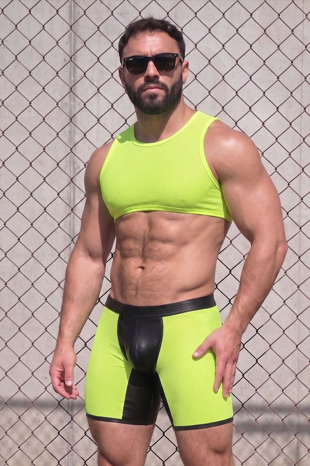 Joyglove Neon Mesh Crop Top & Jock Shorts Set, PU Leather Front Pouch Panel