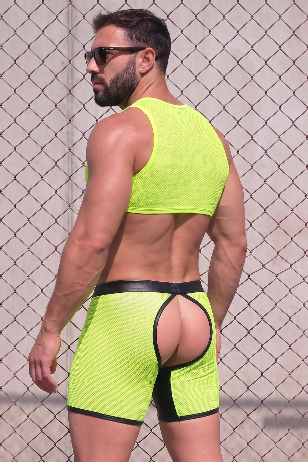 Joyglove Neon Mesh Crop Top & Jock Shorts Set, PU Leather Front Pouch Panel