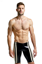 Joyglove Men’s Black PU Leather Shorts with Red Stripes – Sexy Tight-Fit Clubwear
