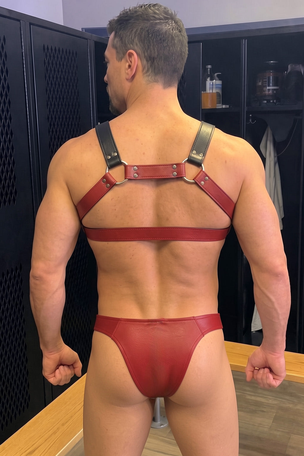 Joyglove Two-Tone PU Leather O-Ring Chest Harness + Zip Brief Set, Red & Black