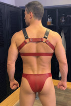 Joyglove Two-Tone PU Leather O-Ring Chest Harness + Zip Brief Set, Red & Black