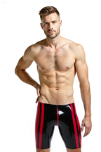 Joyglove Men’s Black PU Leather Shorts with Red Stripes – Sexy Tight-Fit Clubwear