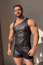 Joyglove PU Leather Suspender Romper, One-Shoulder Zip Top with Shorts