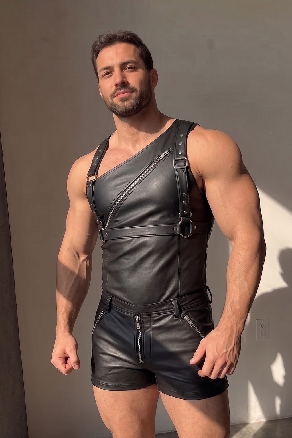 Joyglove PU Leather Suspender Romper, One-Shoulder Zip Top with Shorts