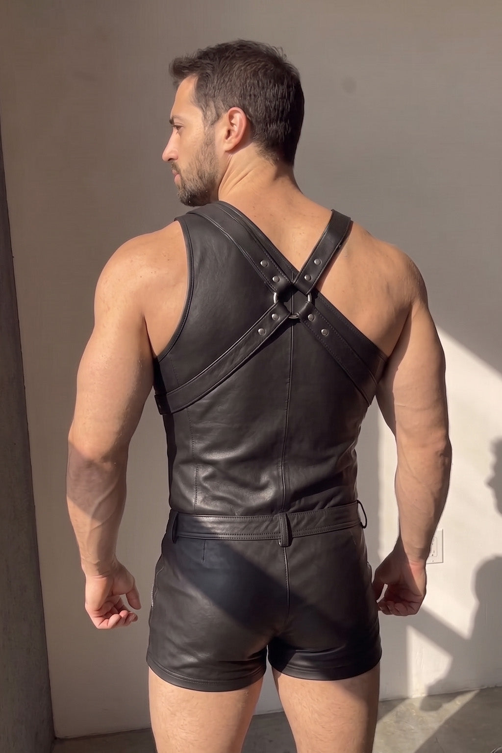 Joyglove PU Leather Suspender Romper, One-Shoulder Zip Top with Shorts