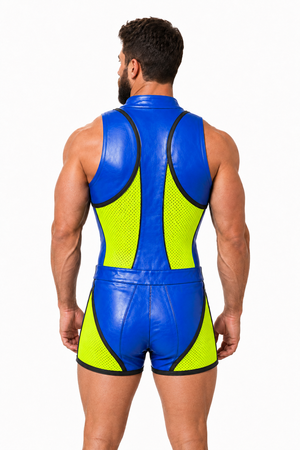 Joyglove Men’s Blue Yellow High-Neck Bodysuit Shorts