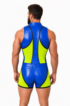 Joyglove Men’s Blue Yellow High-Neck Bodysuit Shorts