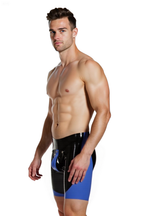 Joyglove Men’s PU Leather Compression Shorts with Front Pouch and Back Zip – Black & Blue