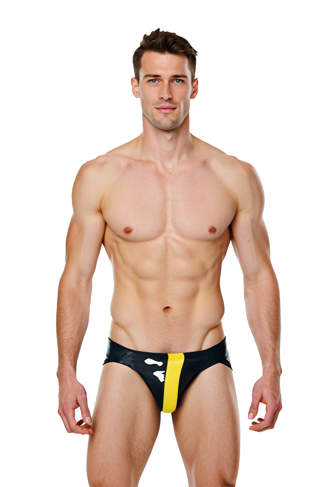 Joyglove Men’s PU Leather Jockstrap Brief – Black with Yellow Stripe and Cutout Sides