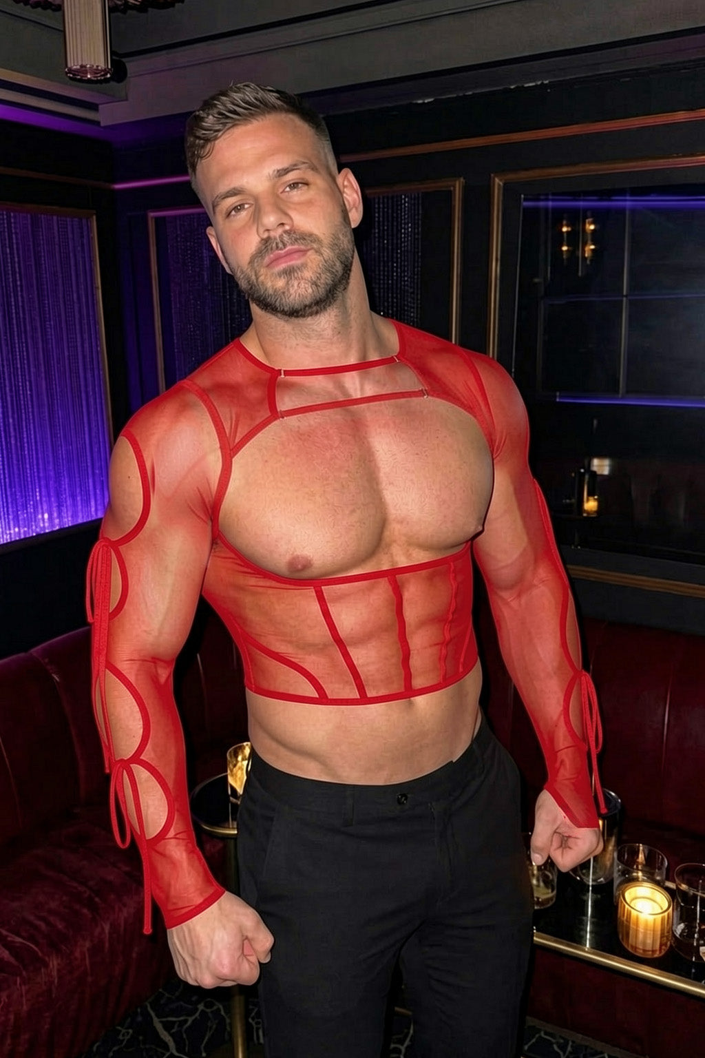 Joyglove Sheer Red Mesh Crop Top, Long Sleeve with Lace-Up Arm Detail & Back Zipper