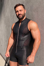 Joyglove Black PU Leather Mesh Romper, Zip-Front One-Piece with Belted Waist