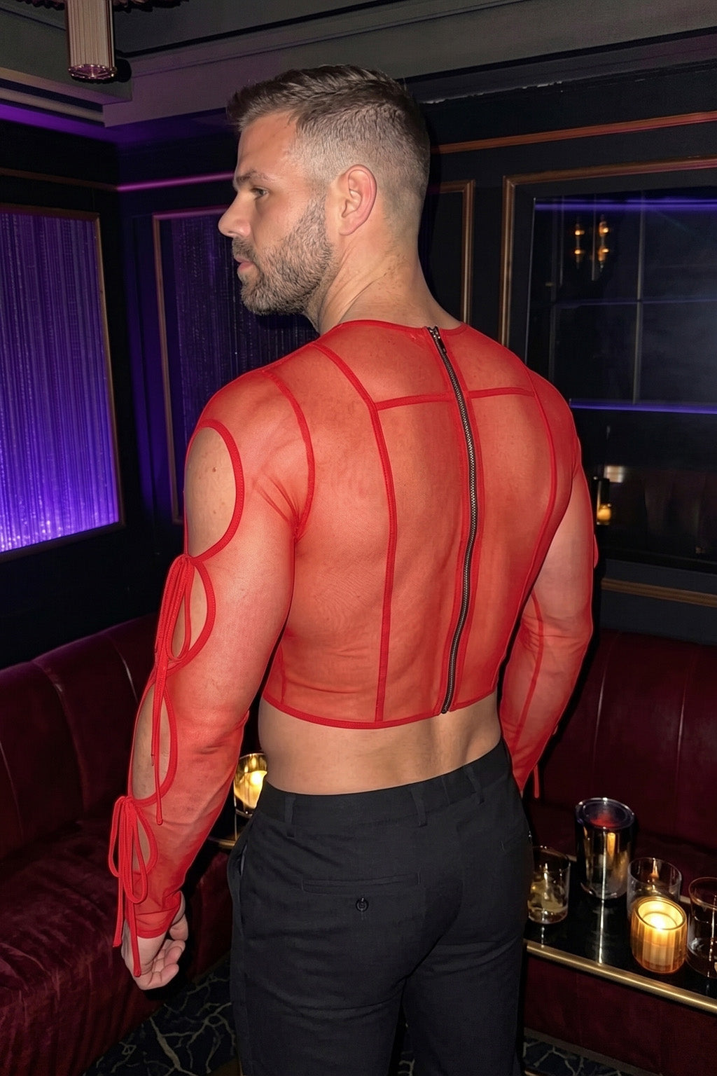 Joyglove Sheer Red Mesh Crop Top, Long Sleeve with Lace-Up Arm Detail & Back Zipper