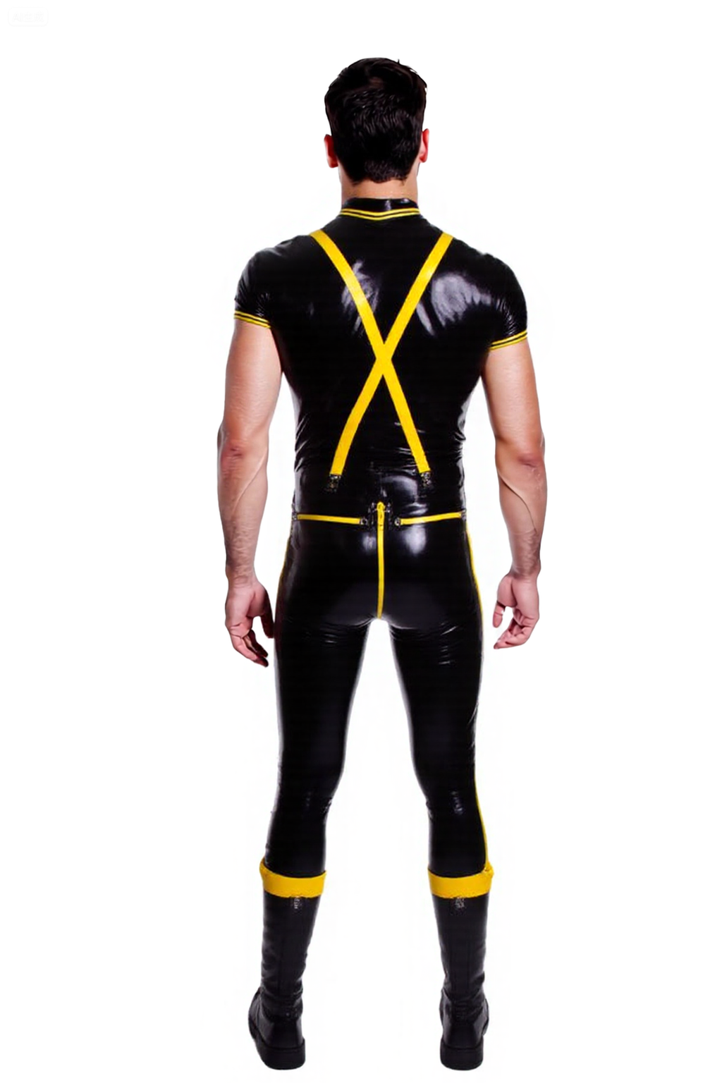 Joyglove Men’s PU Leather Short Sleeve Shirt and Matching Pants with Yellow Suspenders