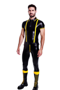 Joyglove Men’s PU Leather Short Sleeve Shirt and Matching Pants with Yellow Suspenders