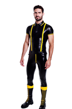 Joyglove Men’s PU Leather Short Sleeve Shirt and Matching Pants with Yellow Suspenders