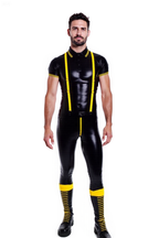 Joyglove Men’s PU Leather Short Sleeve Shirt and Matching Pants with Yellow Suspenders