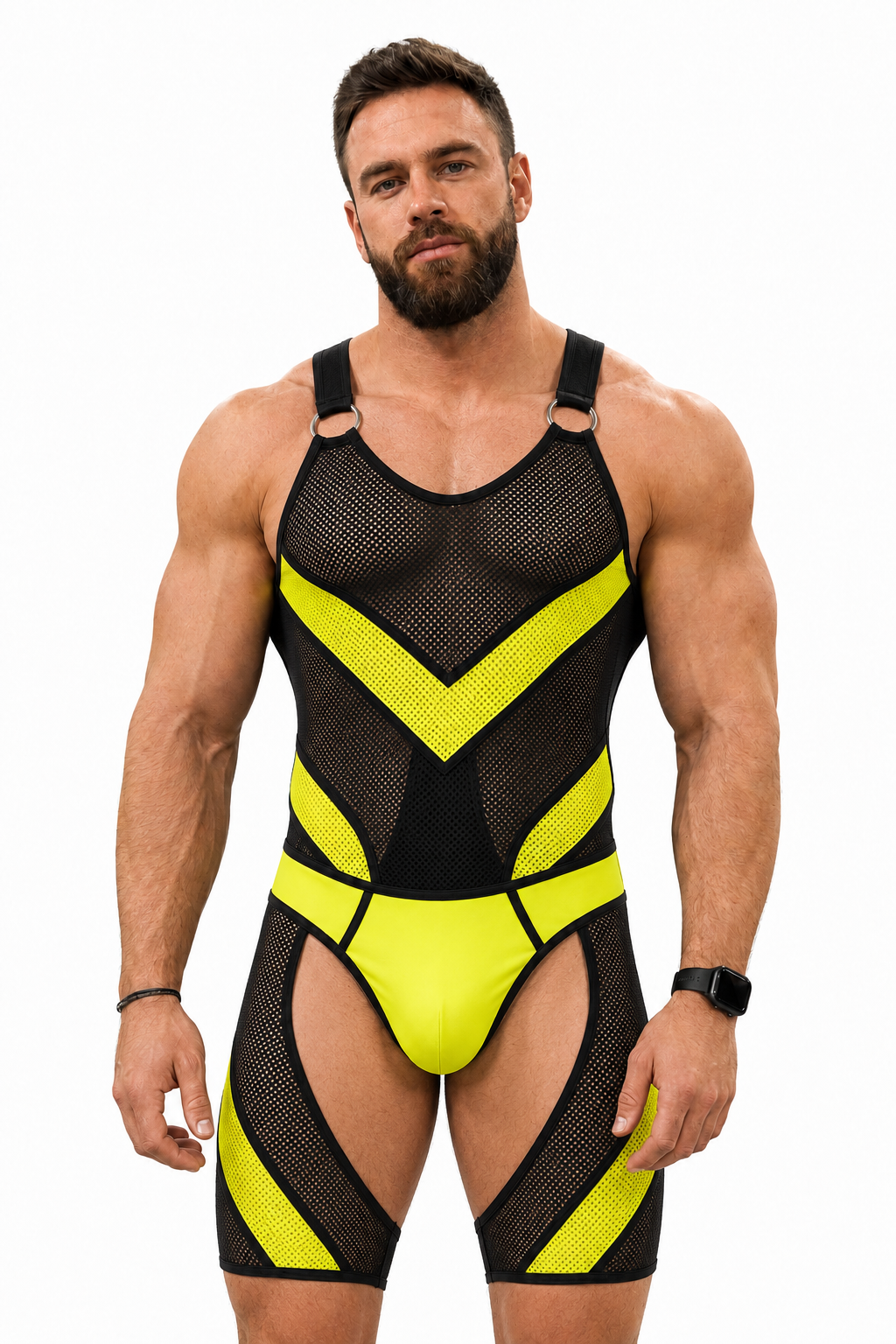 Joyglove Men’s Black Yellow Mesh Bodysuit Shorts