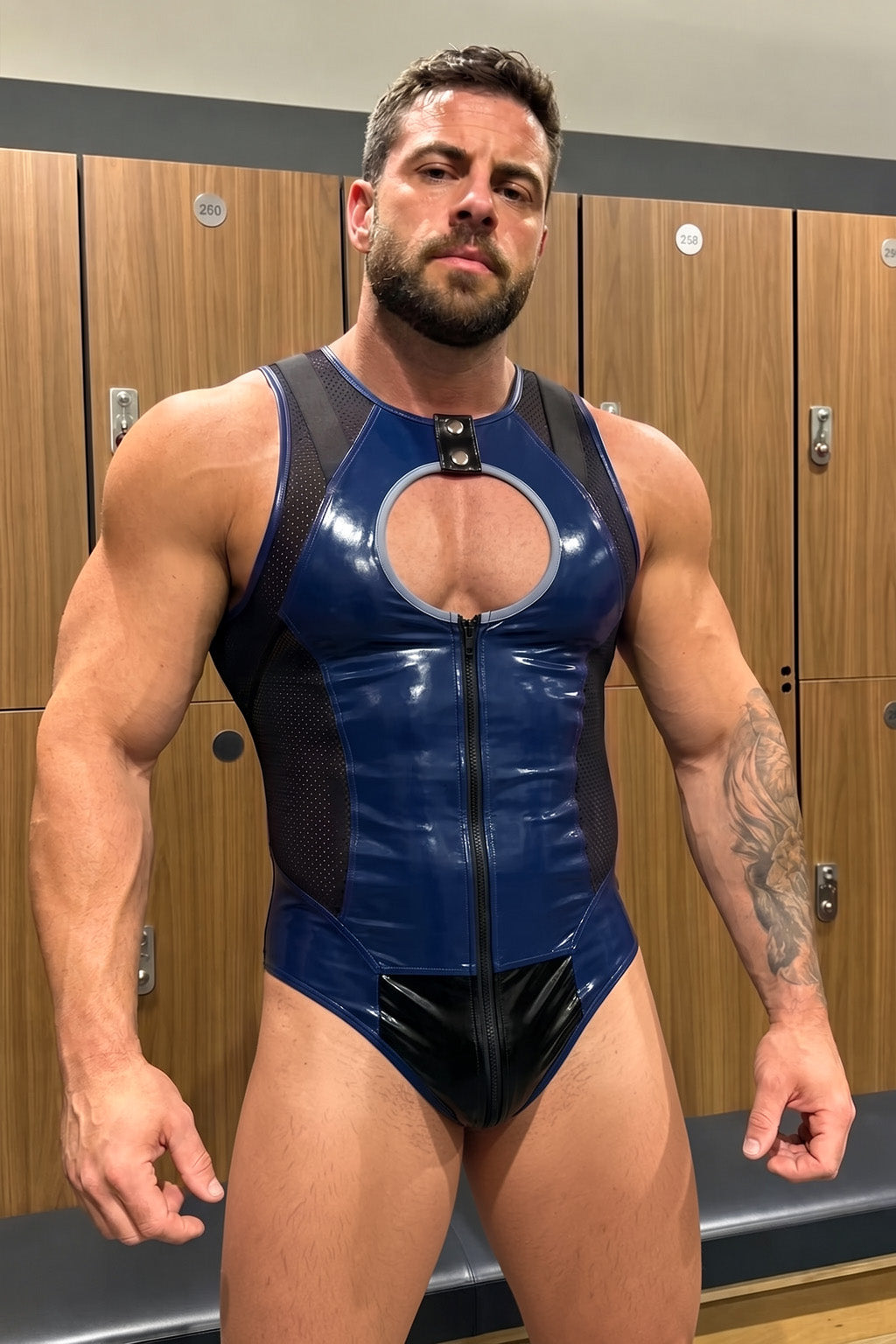 Joyglove Gloss PU Leather & Mesh Singlet, Front Zip with Chest Keyhole Cutout