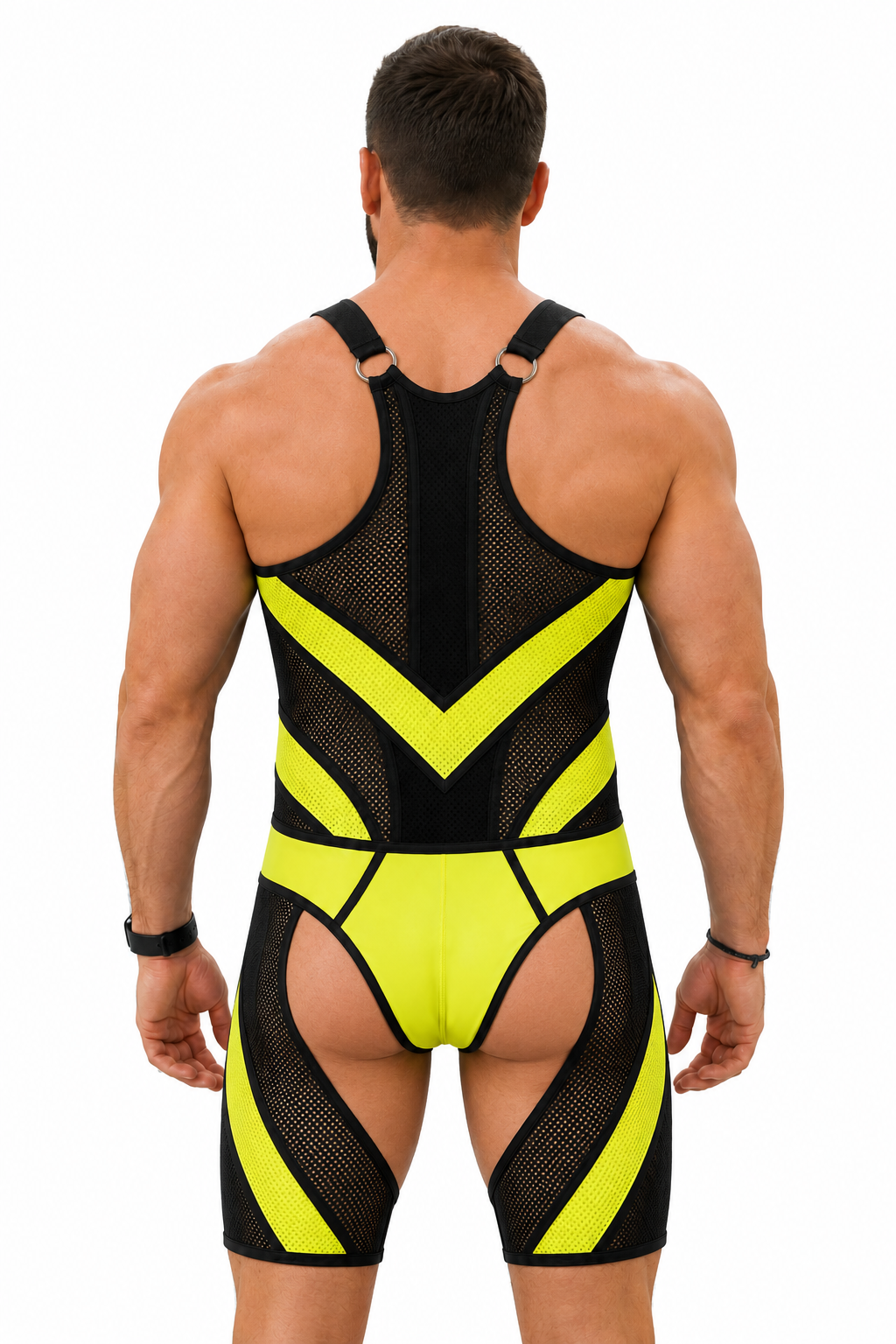 Joyglove Men’s Black Yellow Mesh Bodysuit Shorts