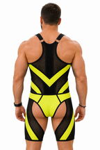 Joyglove Men’s Black Yellow Mesh Bodysuit Shorts