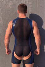 Joyglove Mesh & Gloss PU Leather Singlet, Zip-Front with Chest Keyhole Cutout