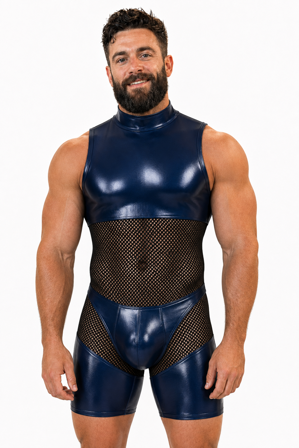 Joyglove Men’s Blue Black High-Neck Mesh Bodysuit Shorts
