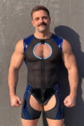 Joyglove Mesh & Gloss PU Leather Singlet, Zip-Front with Chest Keyhole Cutout
