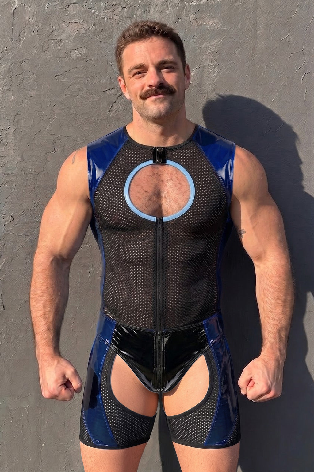 Joyglove Mesh & Gloss PU Leather Singlet, Zip-Front with Chest Keyhole Cutout