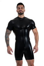 Joyglove Men’s Black PU Leather Short Sleeve Zip-Front Romper