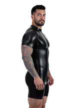 Joyglove Men’s Black PU Leather Short Sleeve Zip-Front Romper