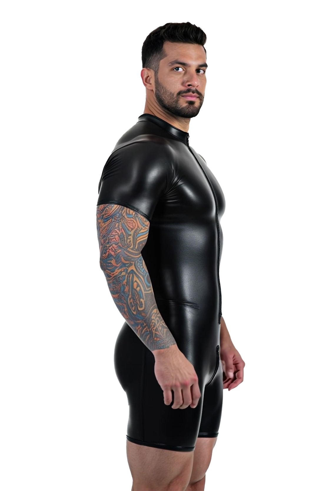 Joyglove Men’s Black PU Leather Short Sleeve Zip-Front Romper