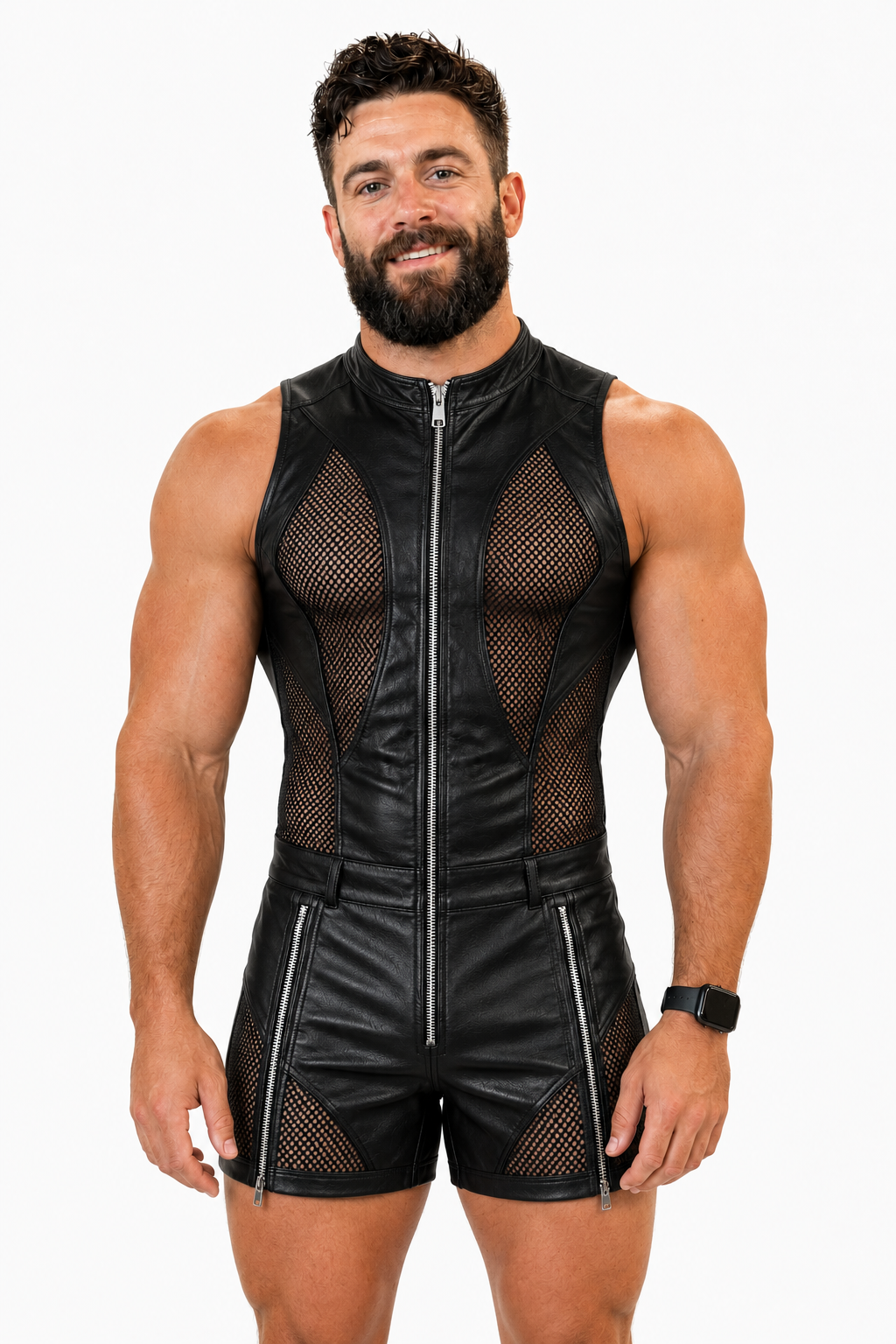 Joyglove Men’s Blue Black High-Neck Sheer Bodysuit Shorts