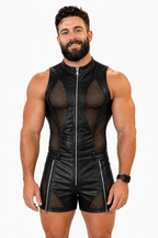 Joyglove Men’s Blue Black High-Neck Sheer Bodysuit Shorts