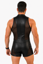 Joyglove Men’s Blue Black High-Neck Sheer Bodysuit Shorts