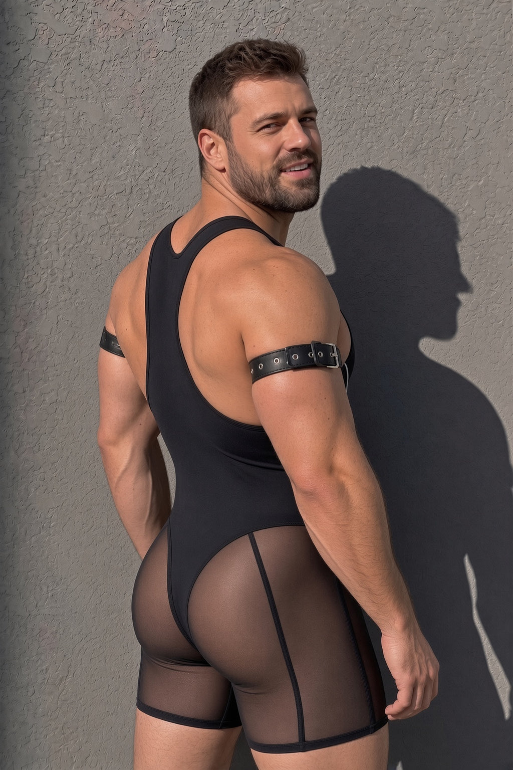 Joyglove Sheer Mesh Panel Singlet Bodysuit, Black Sleeveless One-Piece with Contour Piping