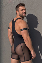 Joyglove Sheer Mesh Panel Singlet Bodysuit, Black Sleeveless One-Piece with Contour Piping