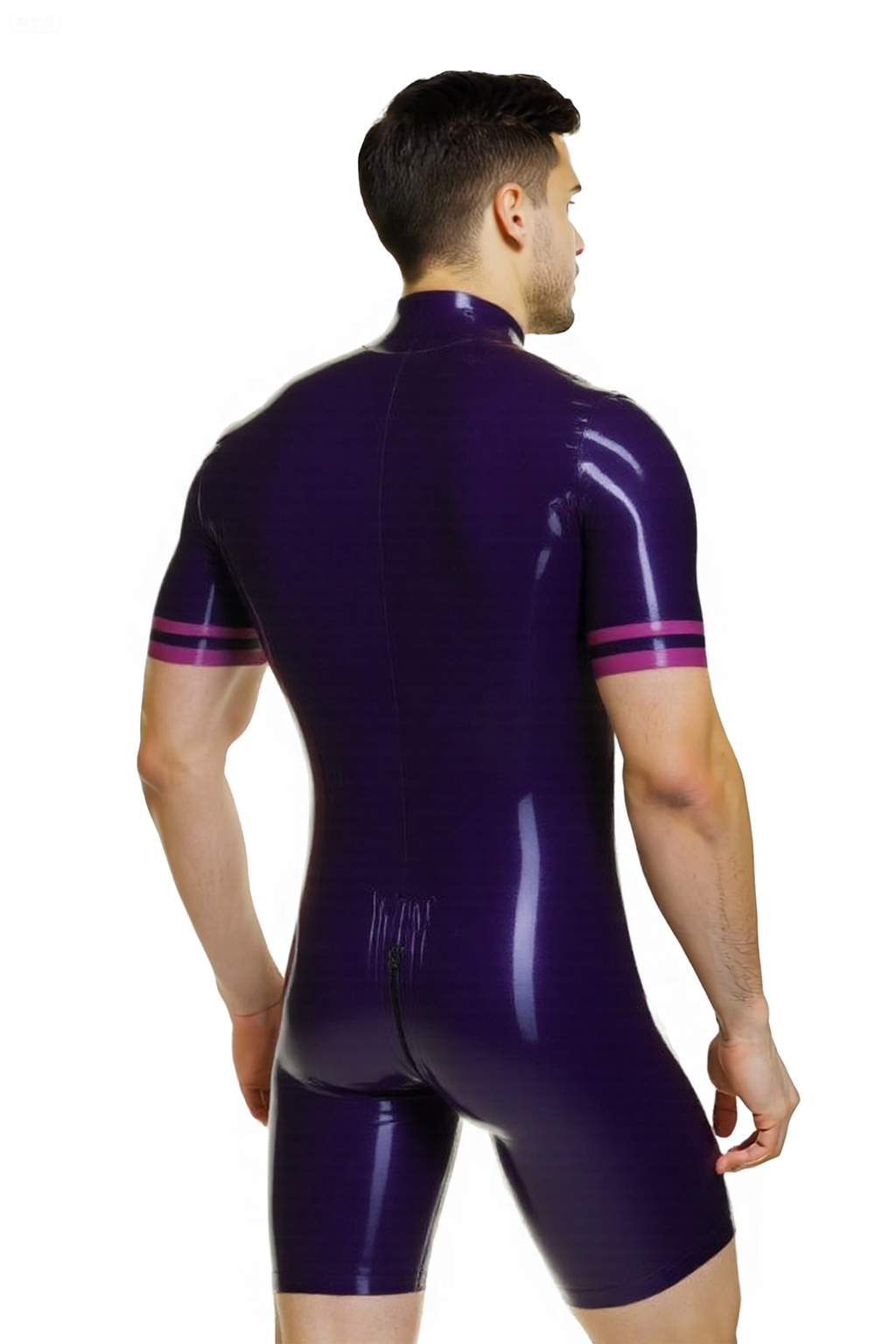Joyglove Men’s Shiny Bodysuit – Short Sleeve Zipper Front Romper in Purple with Stripes