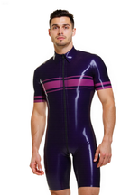 Joyglove Men’s Shiny Bodysuit – Short Sleeve Zipper Front Romper in Purple with Stripes
