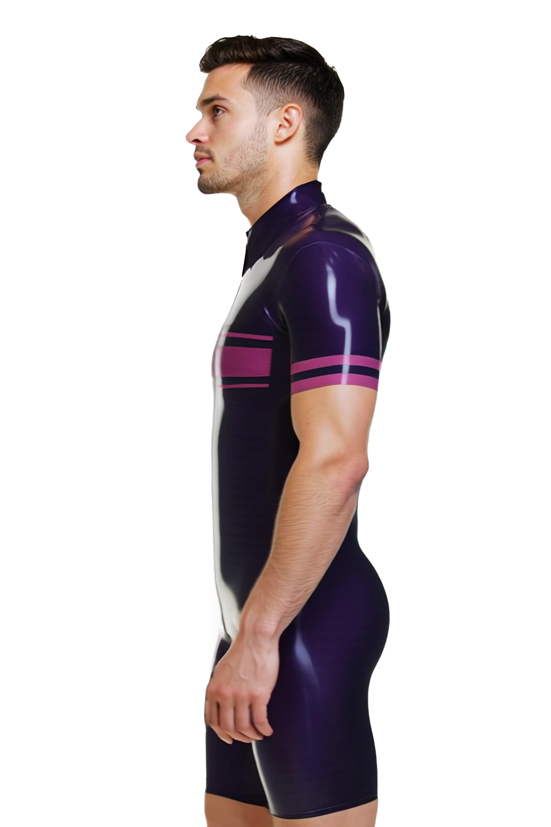 Joyglove Men’s Shiny Bodysuit – Short Sleeve Zipper Front Romper in Purple with Stripes