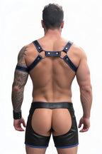 Joyglove Black & Blue PU Leather Harness + Open-Back Jock Shorts Set