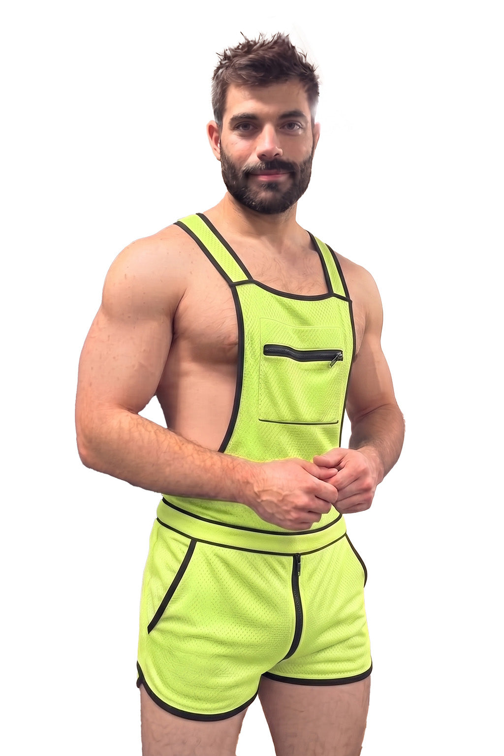 Joyglove Neon Mesh Suspender Set, Open-Side Bib Top + Zip-Front Pocket Shorts