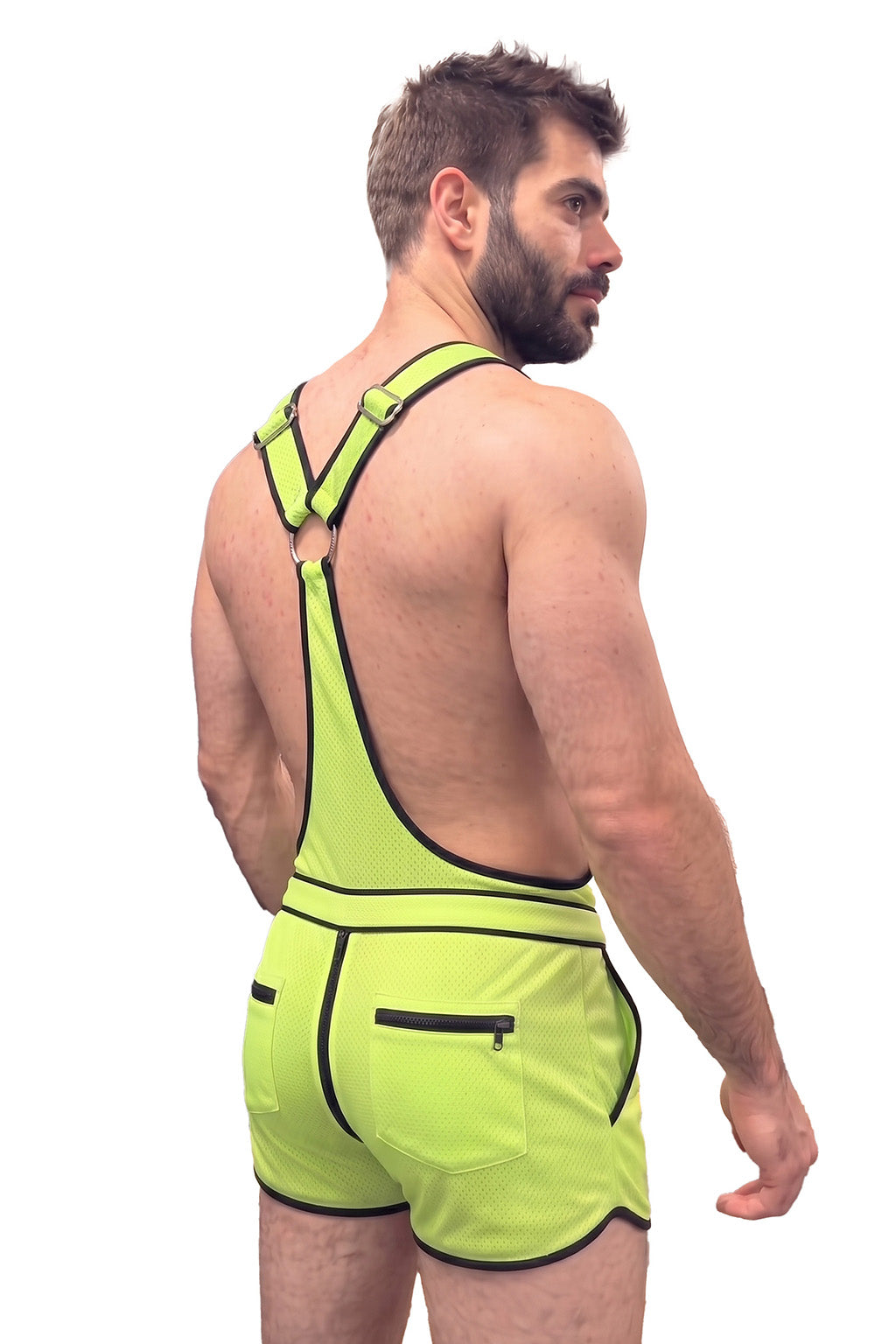 Joyglove Neon Mesh Suspender Set, Open-Side Bib Top + Zip-Front Pocket Shorts