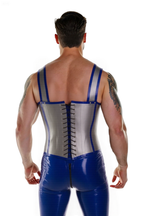 Men’s Blue & Silver Leather Jumpsuit – Corset-Style Harness Design with Adjustable Buckle Straps & Zipper Front