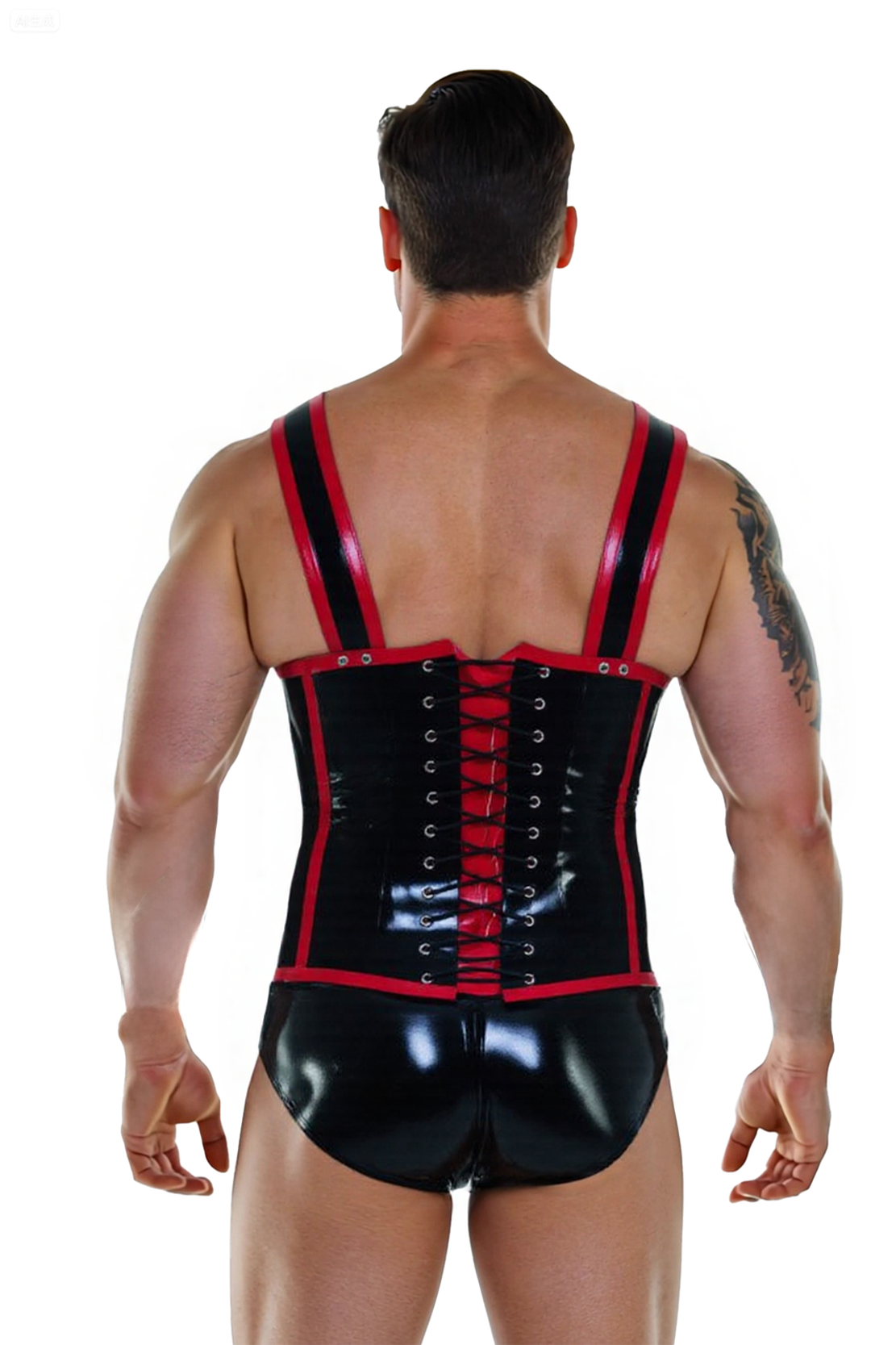Joyglove Men’s PU Leather Corset Bodysuit – Black with Red Trim and Harness Straps