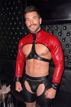 Joyglove Men’s PU Leather Fetish 3-Piece Set, Red Open-Chest Jacket with Ring Harness & Open-Seat Shorts