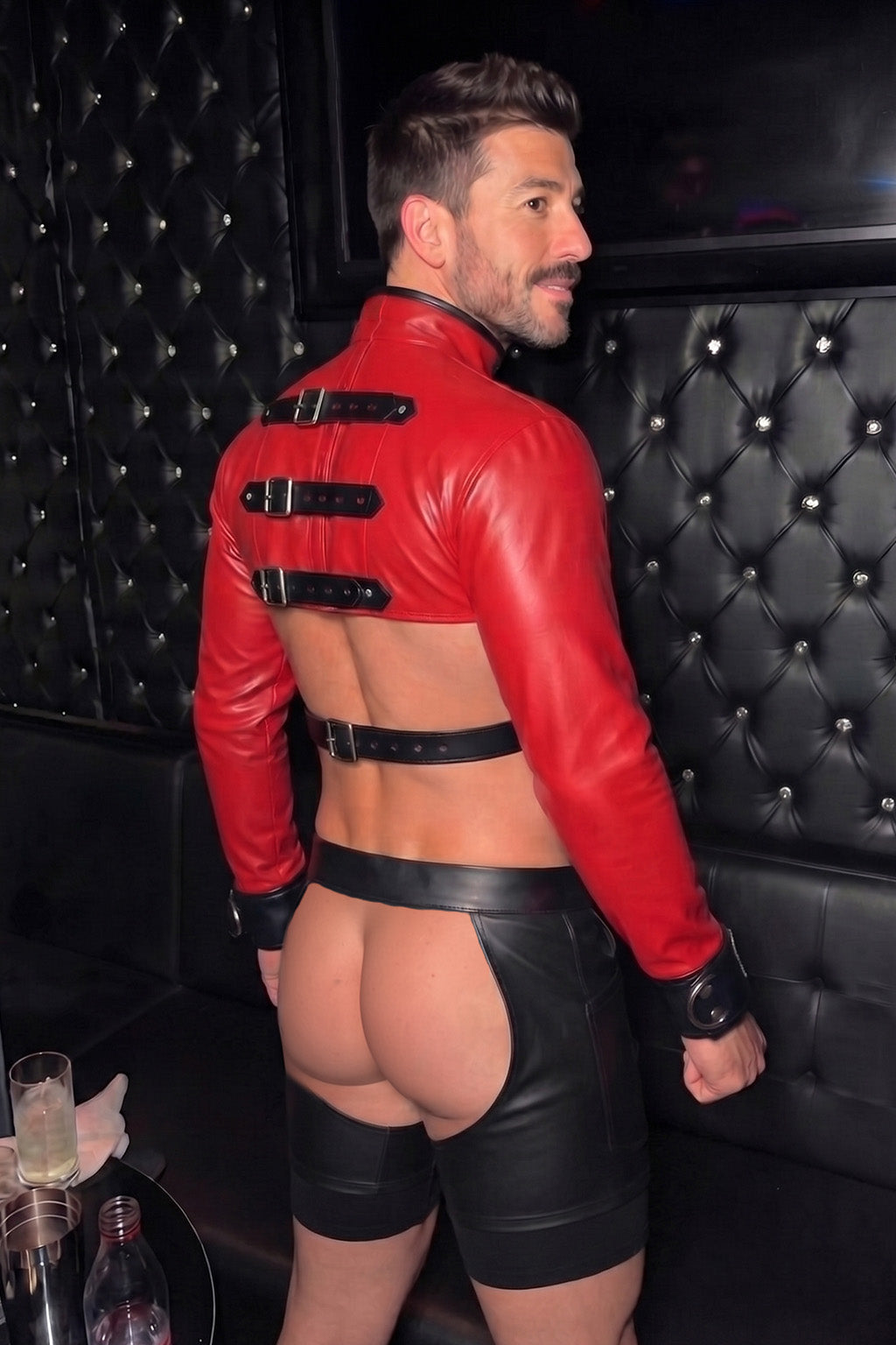 Joyglove Men’s PU Leather Fetish 3-Piece Set, Red Open-Chest Jacket with Ring Harness & Open-Seat Shorts